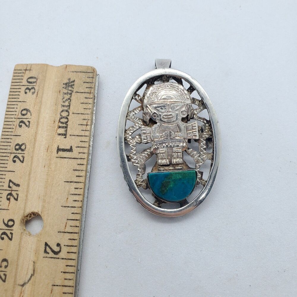Vintage Sterling Silver and Turquoise Mayan Tumi Pendant and Brooch